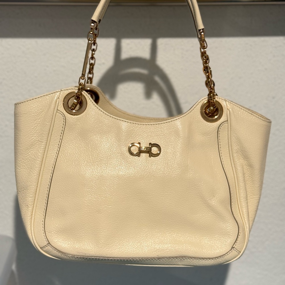 Salvatore Ferragamo Cream Shoulder Bag with Gold Accents